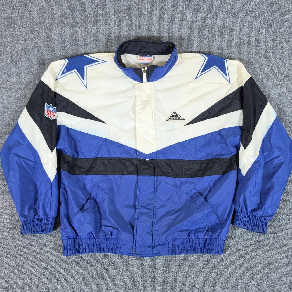 Vintage 90s Apex One Dallas Cowboys NFL Windbreaker Jacket Mens XL Blue FLAW